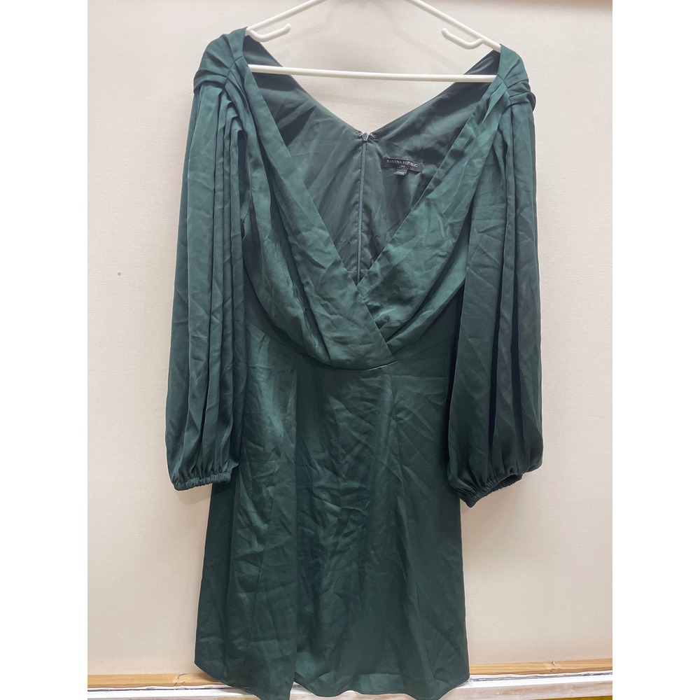 Banana Republic Forest Green Satin Draped Puff Sleeve Mini Dress Size 6